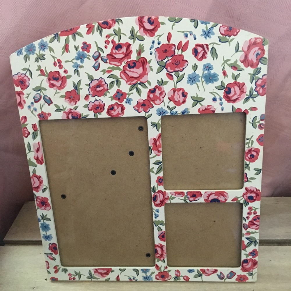 1980s Waverly Garden Pink Cottage Floral Rose Pink 3-Hole Collage Wood Picture